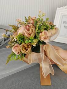 1 pièce Bouquet de fleurs artificielles de pivoine marron clair fait à la main, convient pour la mariée, la demoiselle d'honneur, le mariage, la fête, la décoration de pendaison de crémaillère