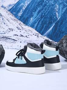 Women's White, Black And Blue High-Top Boots With Fur Lining, Warm Winter Boots, Casual Lace-Up Round Toe Comfortable Shoes, Christmas Gift - 白黑藍加厚 - 查看 6