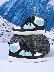 Women's White, Black And Blue High-Top Boots With Fur Lining, Warm Winter Boots, Casual Lace-Up Round Toe Comfortable Shoes, Christmas Gift - 白黑藍加厚 - 查看 3