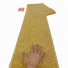非洲奢华串珠薄纱蕾丝面料 2024 尼日利亚手工重亮片珍珠蕾丝面料适用于新娘婚纱 - 彩色 - 查看 11