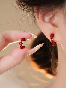 1 Cặp Bông Tai Chữ C Cong Đính Hạt Tròn Thời Trang Cổ Điển Tinh Tế Cao Cấp - Đỏ - Xem 3