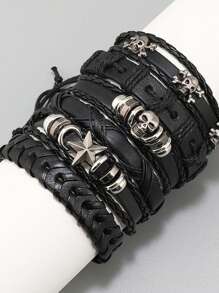 6pcs/Set Dark Punk Style Star & Skull PU Leather Stacking Bracelets Suit For Men Daily Wear - Black - View 8