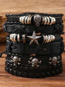 6pcs/Set Dark Punk Style Star & Skull PU Leather Stacking Bracelets Suit For Men Daily Wear - Black - View 4