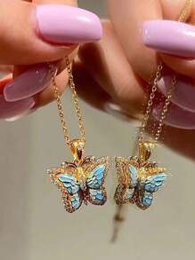 1pc French Vintage Enamel & Zirconia Crystal Butterfly Necklace, Double Layers Exquisite Choker, High-End Quality Retro Necklace Suitable For Women Daily, Holiday, Party, Gift
