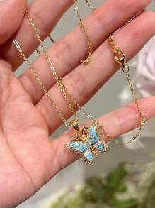 1pc French Vintage Enamel & Zirconia Crystal Butterfly Necklace, Double Layers Exquisite Choker, High-End Quality Retro Necklace Suitable For Women Daily, Holiday, Party, Gift