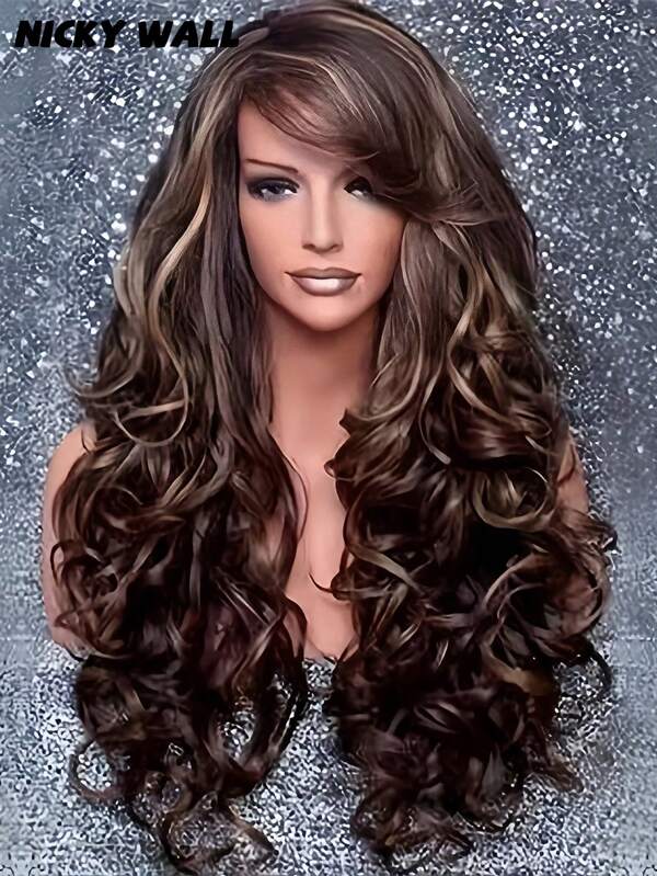 NICKY WALL Caramel Brown Mixed Blonde Wig For Women Blend WIG Full Highlight Long Curly Wig With Bangs Synthetic Heat Resistant Fiber Wig For Daily Theater Stage Play Use 28 Inch