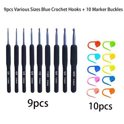 EDCUEBE7 1/9pcs Blue Soft Handle Crochet Hook Set, Aluminum Crochet Hooks Handcraft Knitting Tools Set With Ergonomic Soft Handles And Stitch Markers, Suitable For Beginners