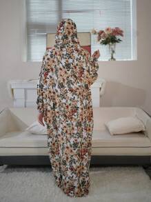 Floral Print Hooded Modest Dress, Elegant Long Sleeve Maxi With Hijab Prayer Dress, Women's Clothing