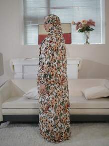 Floral Print Hooded Modest Dress, Elegant Long Sleeve Maxi With Hijab Prayer Dress, Women's Clothing