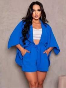 2-Piece Plain Set (Kimono+Shorts) J-2 - Blue - View 2