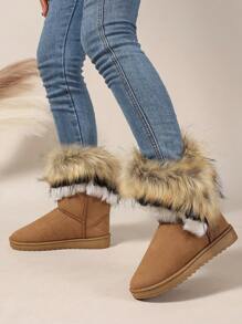 Bottes de neige et personnalisées de style européen et américain pour femmes, avec bordure en fourrure plate et exagérée, et couleur dégradée. Convient pour le ski, le port quotidien, l'extérieur, le travail et les étudiants dans des températures sous-zéro, mi-mollet