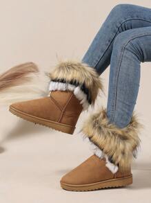Bottes de neige et personnalisées de style européen et américain pour femmes, avec bordure en fourrure plate et exagérée, et couleur dégradée. Convient pour le ski, le port quotidien, l'extérieur, le travail et les étudiants dans des températures sous-zéro, mi-mollet