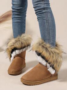 Bottes de neige et personnalisées de style européen et américain pour femmes, avec bordure en fourrure plate et exagérée, et couleur dégradée. Convient pour le ski, le port quotidien, l'extérieur, le travail et les étudiants dans des températures sous-zéro, mi-mollet