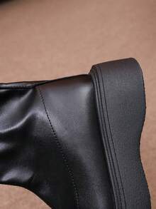 女式粗跟套穿踝靴，尖头复古法式切尔西靴，秋冬款 - 黑色 - 查看 2