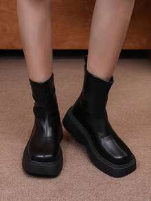 女式粗跟套穿踝靴，尖头复古法式切尔西靴，秋冬款 - 黑色 - 查看 7
