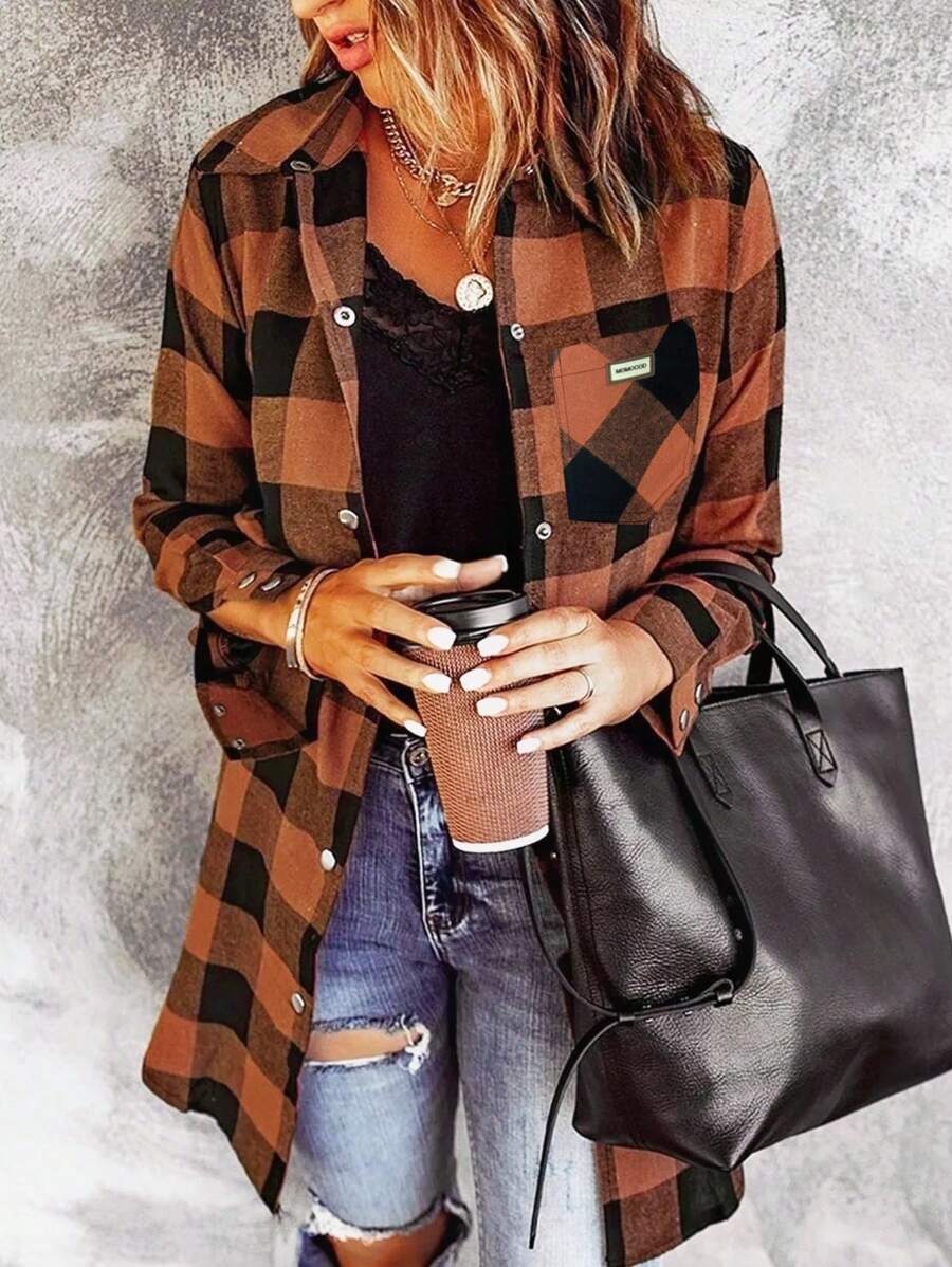 Flannel For Women 2024 Fall Fashion Long Sleeve Plaid Button Down Shirts Shacket Blouse Top With Pockets - Rust Brown - View 1