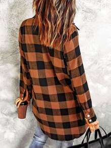 Flannel For Women 2024 Fall Fashion Long Sleeve Plaid Button Down Shirts Shacket Blouse Top With Pockets - Rust Brown - View 2