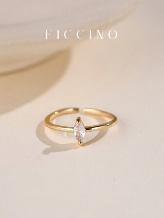  FICCINO Classic Single Cubic Zirconia Gold Plated Adjustable Size Open Ring, Elegant Everyday Jewelry, Gift With Box For Holidays And Anniversary