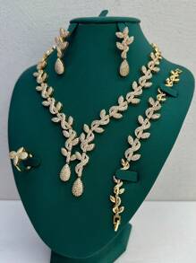 4pcs Luxury Bride Jewelry Set, Includes Necklace, Earrings, Bracelet, Ring With Zirconia Stones, Suitable For Wedding Party, Mother's Day, Valentine's Day Gift