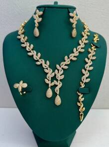 4pcs Luxury Bride Jewelry Set, Includes Necklace, Earrings, Bracelet, Ring With Zirconia Stones, Suitable For Wedding Party, Mother's Day, Valentine's Day Gift