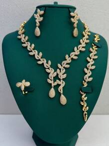 4pcs Luxury Bride Jewelry Set, Includes Necklace, Earrings, Bracelet, Ring With Zirconia Stones, Suitable For Wedding Party, Mother's Day, Valentine's Day Gift