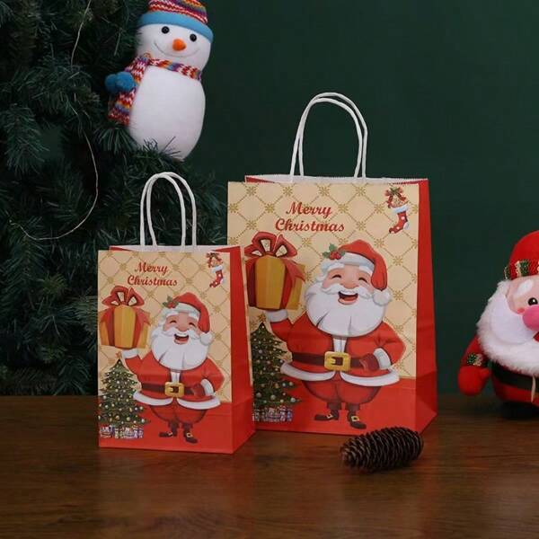 10pcs Christmas Kraft Paper Gift Bags, Christmas Eve Apple Packaging Bags, Handheld Gift Bags
