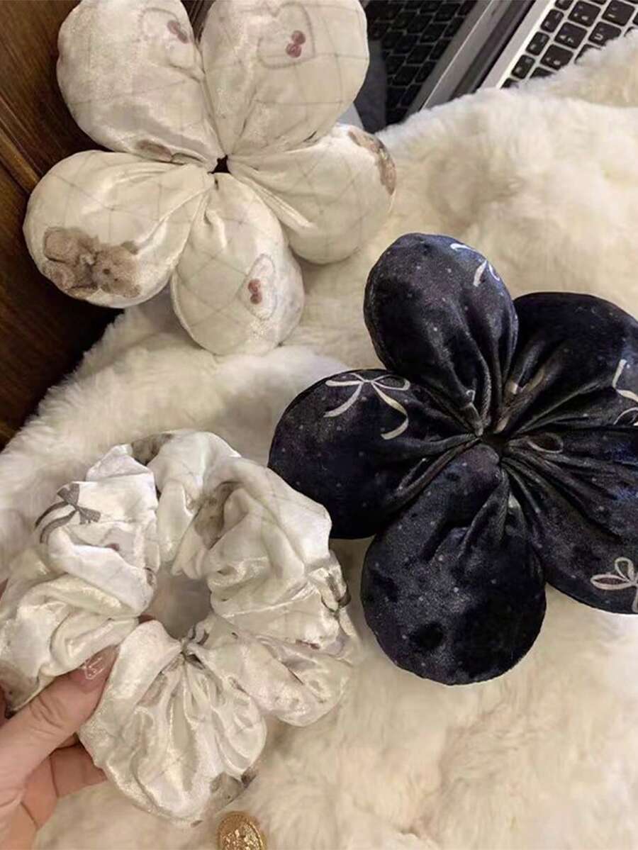 1 件秋冬天鹅绒花朵发圈女士时尚马尾发带高弹力高品质发饰发圈 - 彩色 - 查看 1