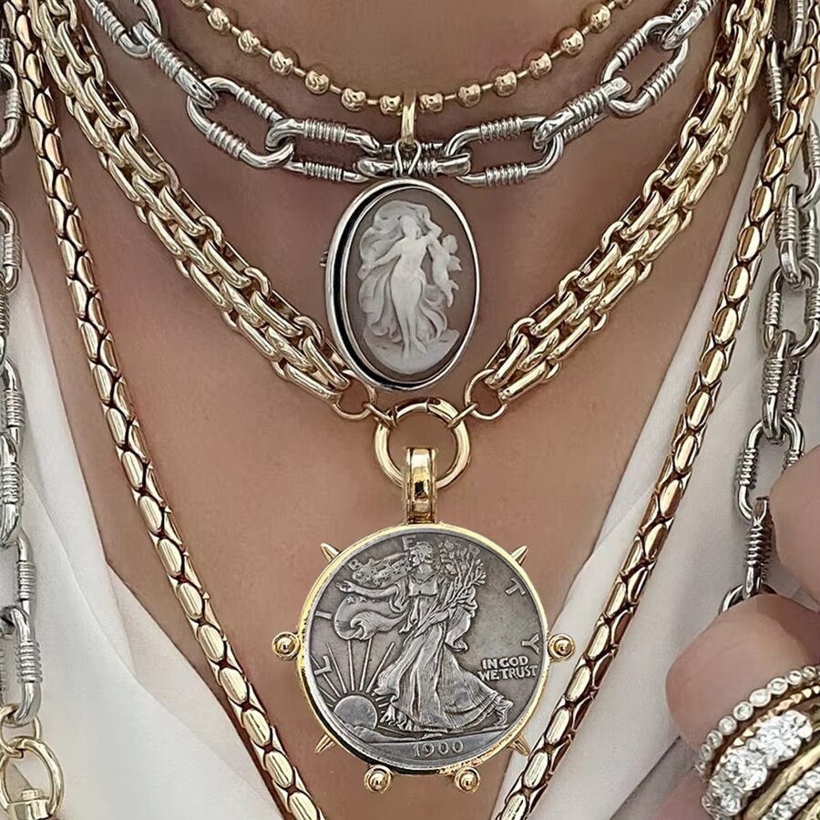 manbara 夸张哥特式粗项链 女式复古日月圆形吊坠项链 个性嘻哈粗项链 - 琉璃項鍊 - 查看 1