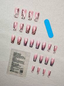24 件经典复古风格咖啡紫粉色和豹纹法式跳色压指甲，搭配白色小花和白色波尔卡圆点图案设计，棺材钉时尚简约全覆盖假指甲套装，适合秋冬季度假和约会，让您的指甲焕然一新 - 彩色 - 查看 4
