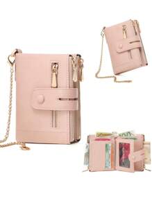 MIYIN 时尚多功能链条钱包男女通用双折拉链带卡槽和可拆卸 ID 窗口，可装信用卡/身份证/现金/硬币轻便便携休闲纯色短款钱包带防盗链男女礼物生日礼物粉色包感恩节女士钱包钱包小钱包 - 粉色 - 查看 2