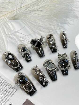 10 Long Coffin Nails Dark Black Nail Art Heart Of Thorns Metal Rose Black Heart And White Pearl Adorn Nail Art Handmade Nail Nail Nail False Pieces Can Be Disassembled And Reused, Suitable For Ladies, Girls In The Stage, Prom, Party Scene Use, With 1 Piece Of Jelly Roll 1 Piece Press On Nails Nail Supplies Nails