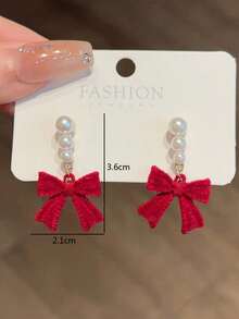 1 对时尚简约蝴蝶结耳环，配人造珍珠，适合日常百搭礼物 - 彩色 - 查看 3