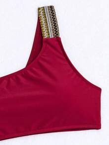 Women Red Sexy One Shoulder Bikini Set, Summer Beach - Burgundy - View 3