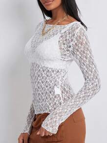 Women's Summer Sheer Crop Tops Long Sleeve Fitted Short Lace Going Out Tops For Party - White - View 3