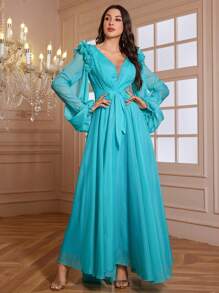 Vestido de noche elegante y formal para mujer con escote en V, adornos de volantes, mangas farol plisadas, unicolor, adecuado para primavera y verano (diseño con aplicaciones) - Verde - Ver 1