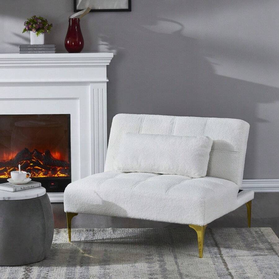 Convertible Sofa Bed Futon With Gold Metal Legs Teddy Fabric (White) - 白色 - 查看 1