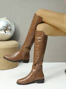 Women's Fashion Mid-Calf Boots, Camel Color Boots With Metal Buckle Decor Side Zip, Versatile High Tube Boots, Round Toe Chunky Heel Tall Boots, Comfortable Winter Boots For Women