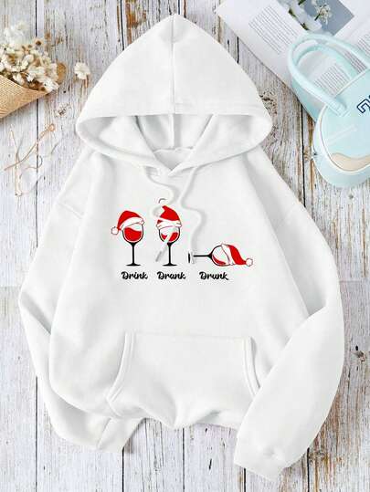 Christmas Hat And Wineglass Graphic Casual White Pullover Sweatshirt
