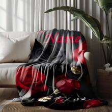 1pc Custom Your Name Blanket, Personalized Roses Pattern Text Blanket, Outdoor Travel Leisure Four Seasons Nap Blanket