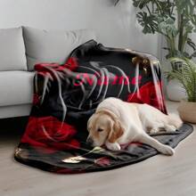 1pc Custom Your Name Blanket, Personalized Roses Pattern Text Blanket, Outdoor Travel Leisure Four Seasons Nap Blanket