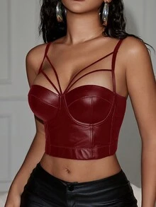 Áo corset Yuwenier Punk bằng da PU, kiểu dáng cắt xẻ, dây đeo mảnh điều chỉnh được, lưng hở, có gọng, thích hợp mặc đi dự tiệc, lễ hội âm nhạc hoặc các dịp thường ngày khác. - Màu Đỏ Sâu - Xem 4