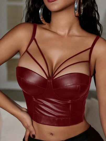 Yuwenier Punk PU Leather Cut Out Adjustable Spaghetti Strap Open Back Boned Corset Bustier Crop Cami Party Top Music Festival