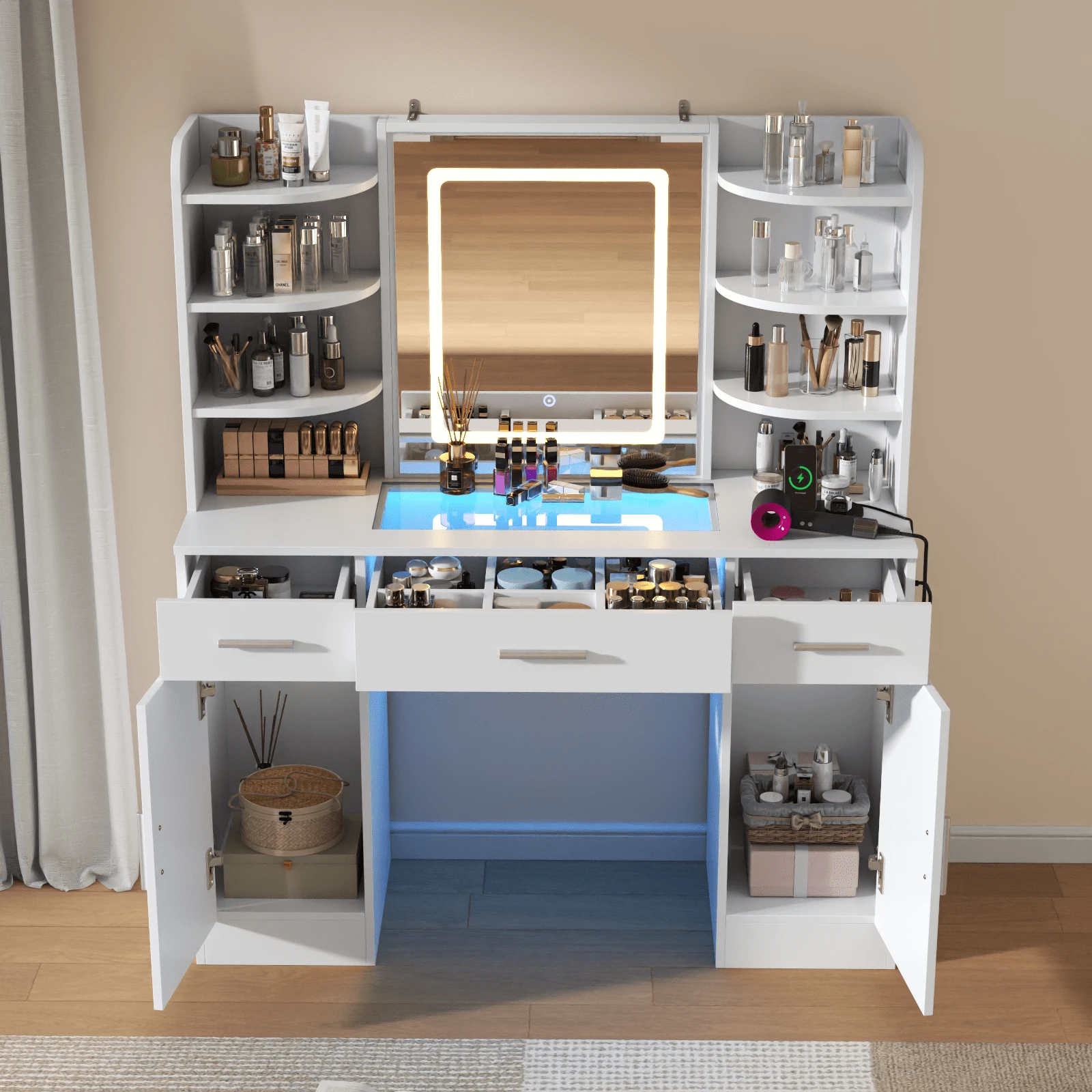 Vanity Desk With Lighted Mirror & Power Outlet, Makeup Vanity Table