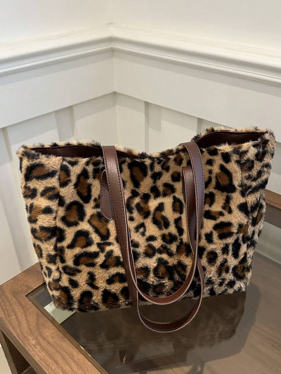 秋冬简约大容量手提包2025新款豹纹毛绒托特包时尚毛绒单肩包女士休闲通勤购物包