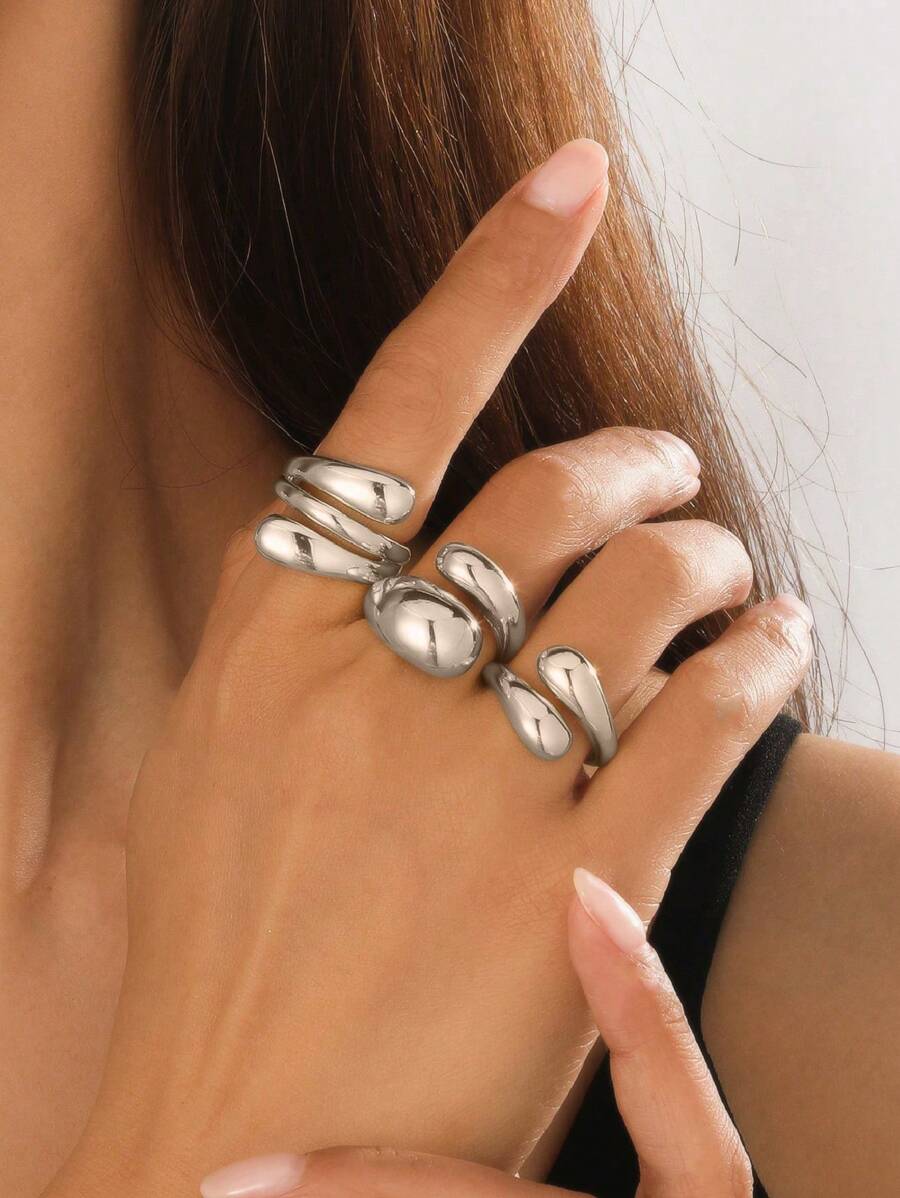 3 件套优雅简约不锈钢水滴形女士戒指，适合日常佩戴、情侣约会以及作为朋友礼物 - 銀色 - 查看 1