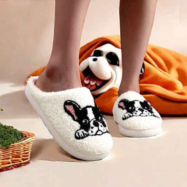 1 par de pantuflas gruesas y forradas de felpa con bordado de bulldog francés, patrón de perro, ideales para mamás de mascotas, invierno, regalo navideño
