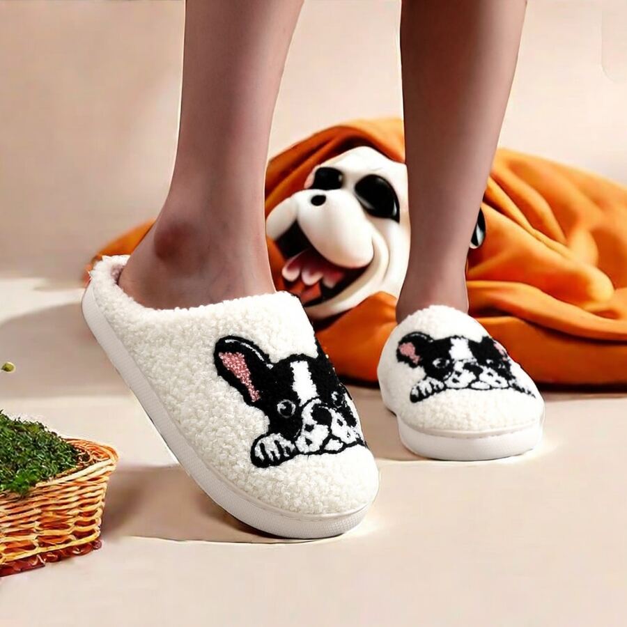1 par de pantuflas gruesas y forradas de felpa con bordado de bulldog francés, patrón de perro, ideales para mamás de mascotas, invierno, regalo navideño