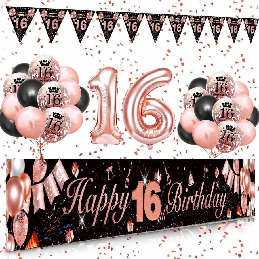 黑玫瑰金气球套装，16 岁生日背景装饰，玫瑰金生日装饰，生日派对用品，包括生日快乐三角旗、2.7 米生日快乐横幅、生日快乐印花气球、32 英寸数字气球、玫瑰金气球、黑色气球、拍照道具 - 16歲 - 查看 1