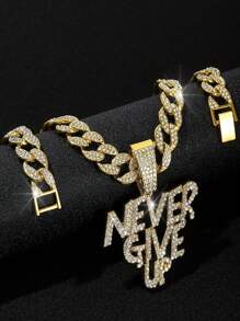1 chiếc dây chuyền phong cách Hip Hop, mặt dây chuyền đính đá Cubic Zirconia khắc chữ "Never Give Up", vàng 18K/bạc, 13mm, trang sức nam phong cách Hip Hop, quà tặng ngày Valentine, ngày của Mẹ. - mặt dây chuyền thư - Xem 8