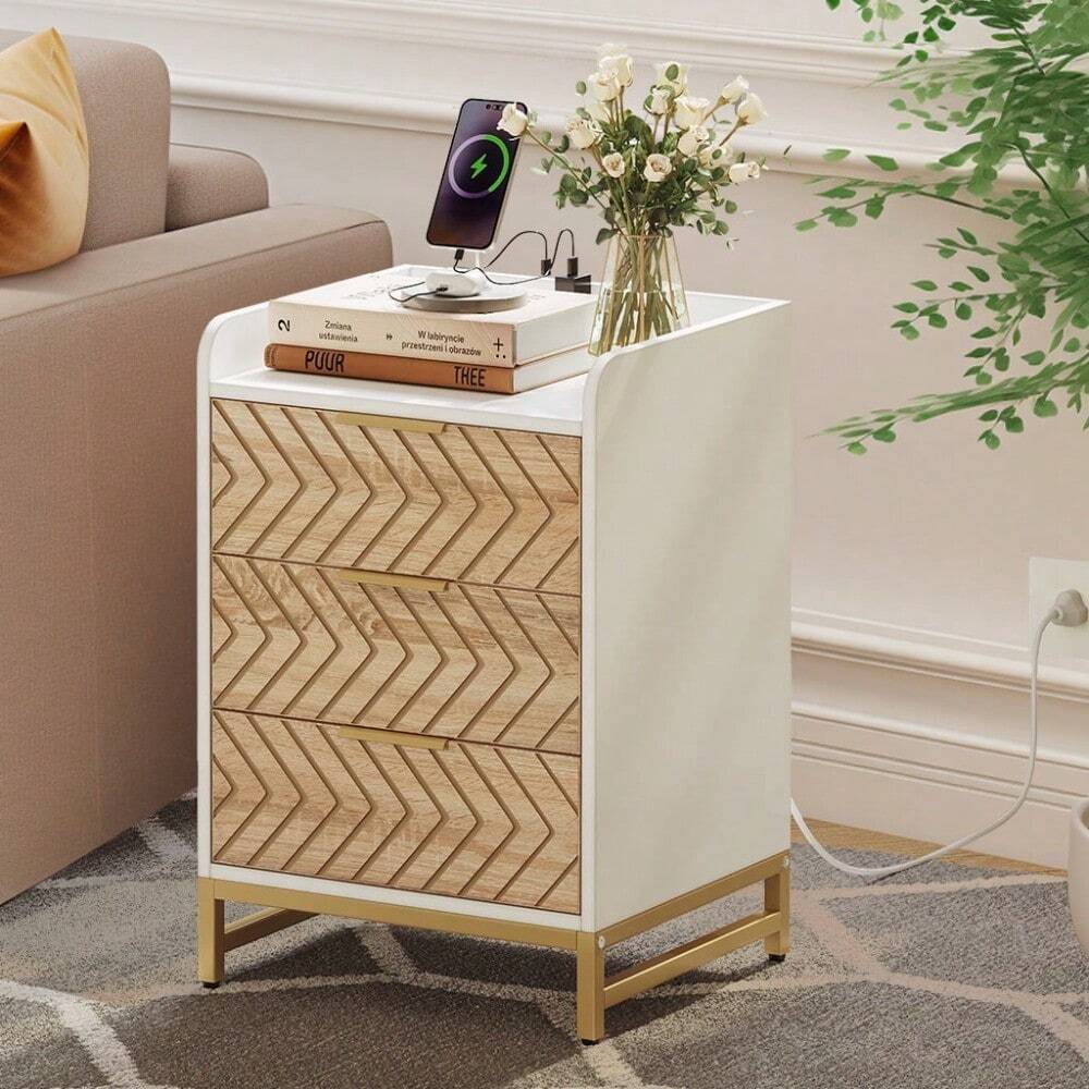 Side Table With 3 Drawers. Modern Bedside End Table Nightstand For